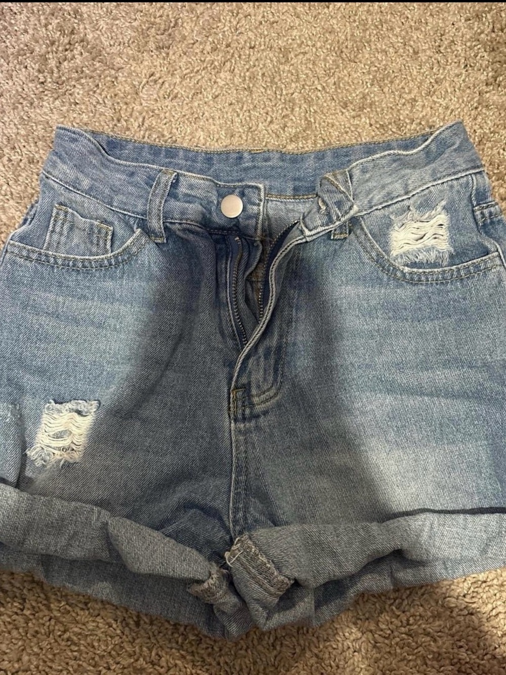 SHEIN Light Blue Distressed Rolled Hem Denim Shorts
